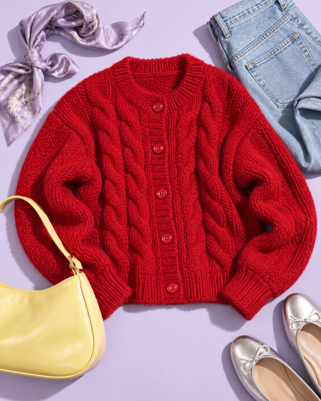 A cherry-red cardigan with a yellow bag, lilac scarf, jeans and silver ballet flats.